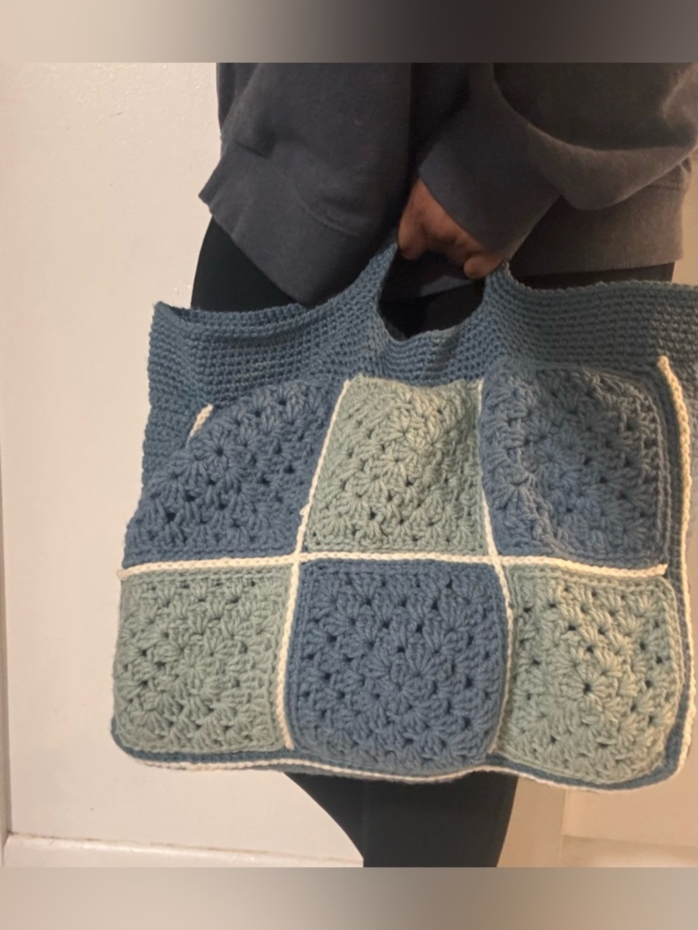Handmade Crochet Granny Square Tote Bag Blue and Pink Boho Knit Purse
